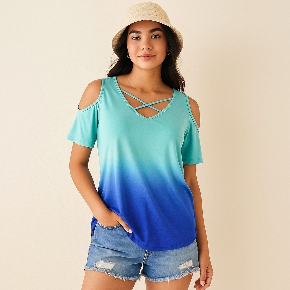 Unbranded Teal Cold Shoulder Short Sleeve Top Women’s Size L – EUC